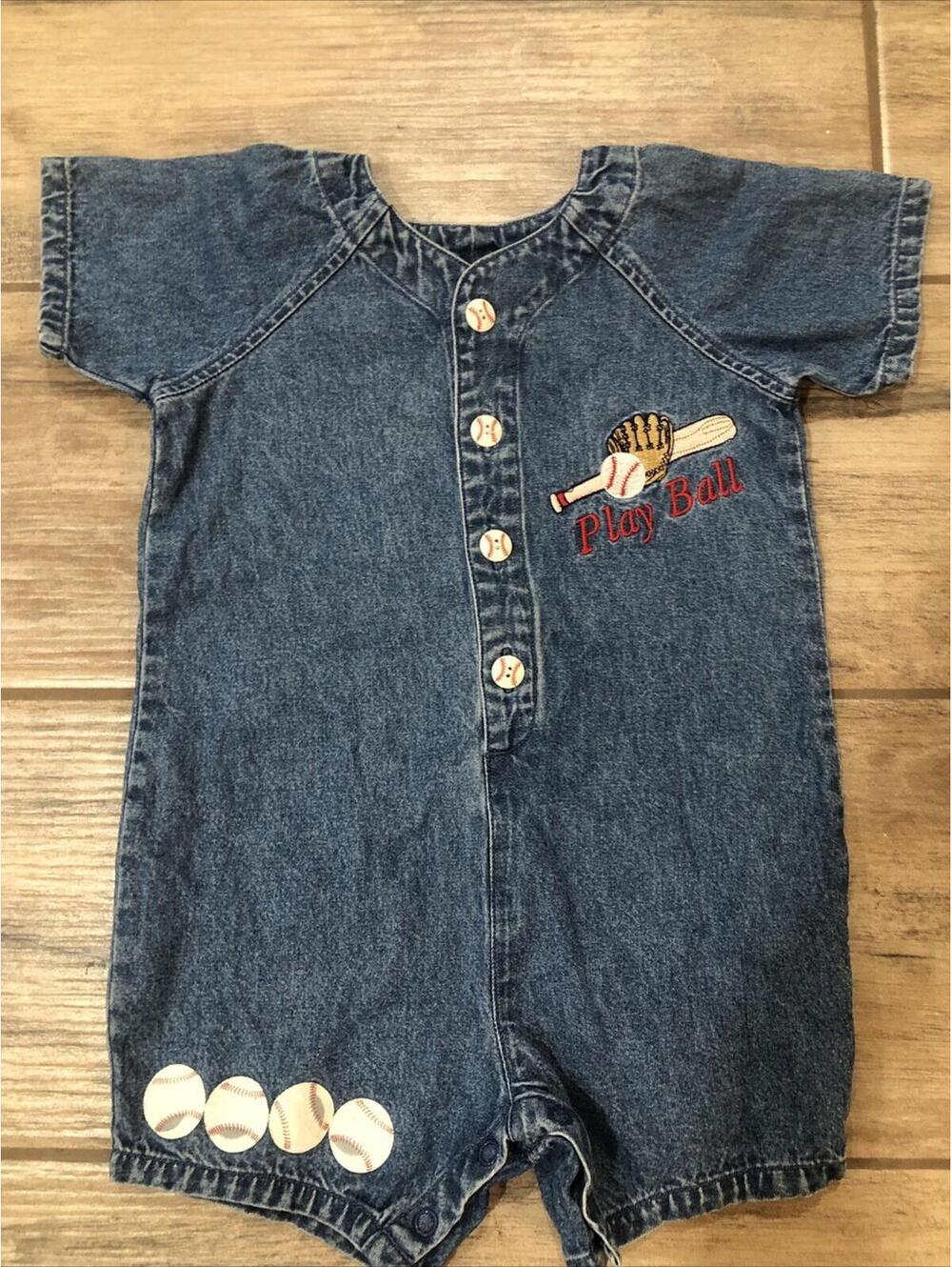 Baby 18 Months Baseball Denim Rhomper. Baseball Bat Glove Ballpark